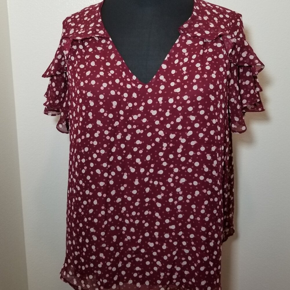 Lane‎ Bryant Size 20 Burgundy Polka Dot Flutter Sleeve Blouse Retro Office Boho